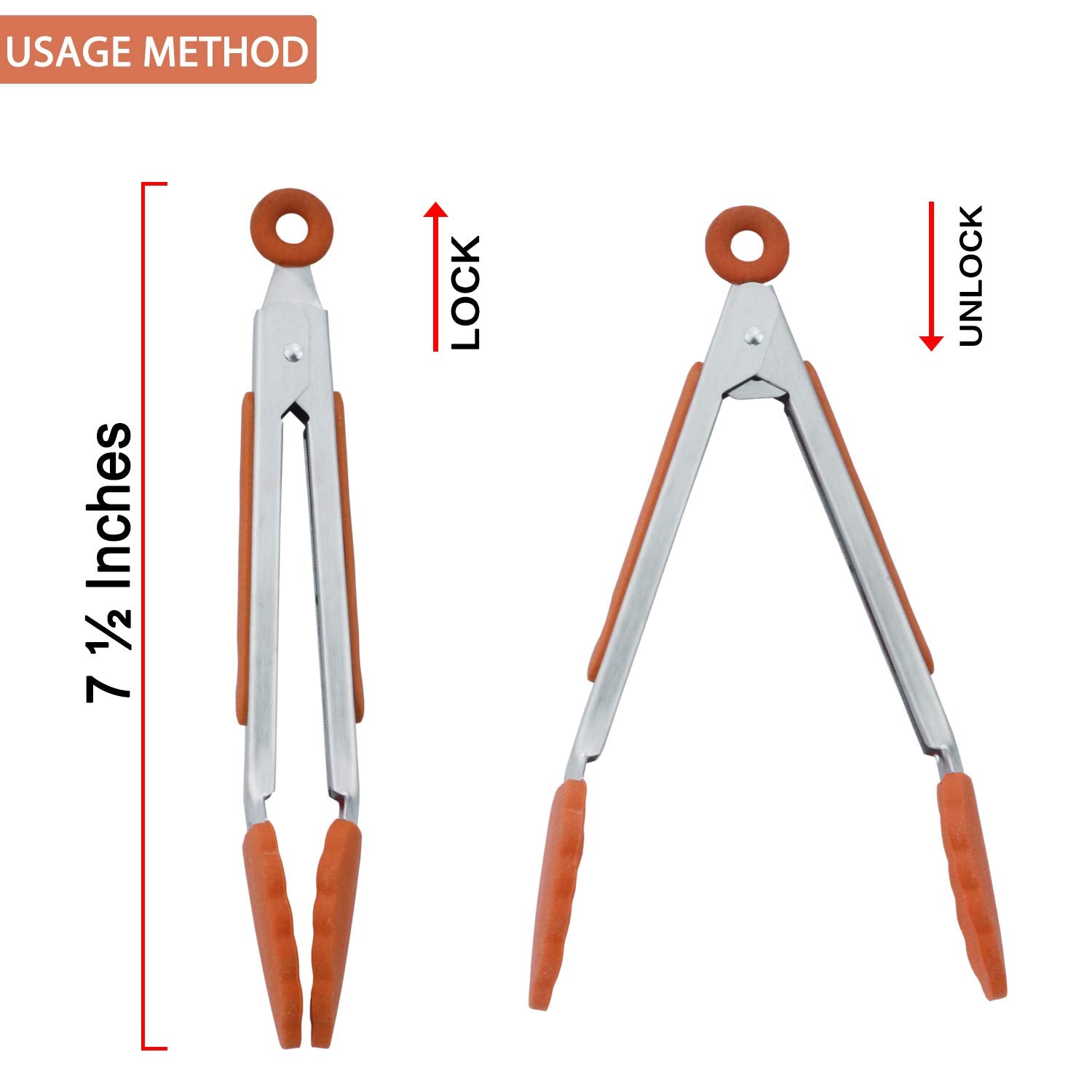 Hinmay 7-Inch Stainless Steel Tongs With Silicone Tips Locking Metal Food Tongs, Set Of 3 (Orange)